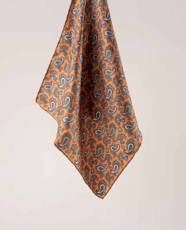 Pocket Square Silk Twill - Orange Paisley Print sold by Paolo Albizzati