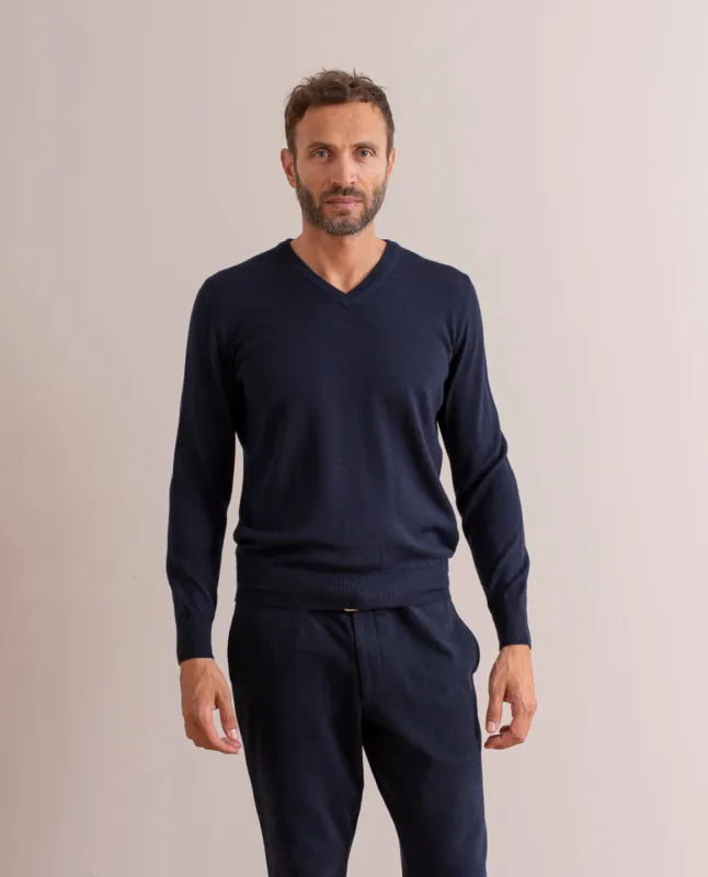 Merino Wool V-Neck Sweater - Navy Blue sold by Paolo Albizzati