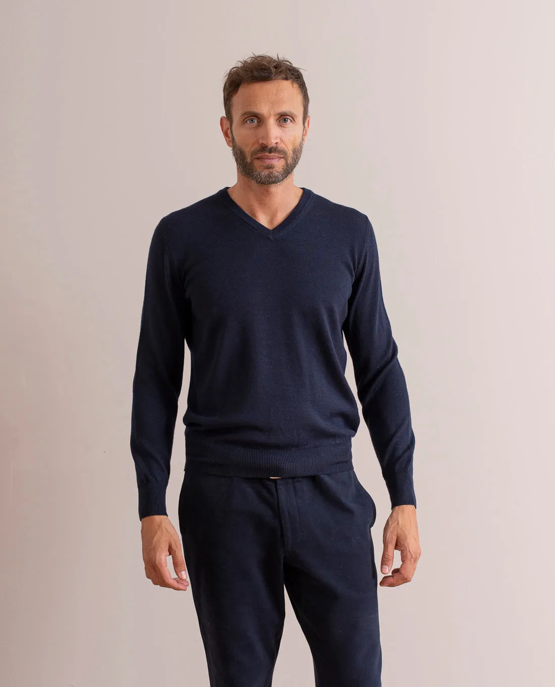Merino Wool V-Neck Sweater - Navy Blue sold by Paolo Albizzati