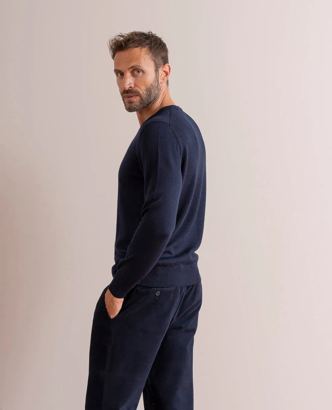 Merino Wool V-Neck Sweater - Navy Blue sold by Paolo Albizzati product image thumbnail 4