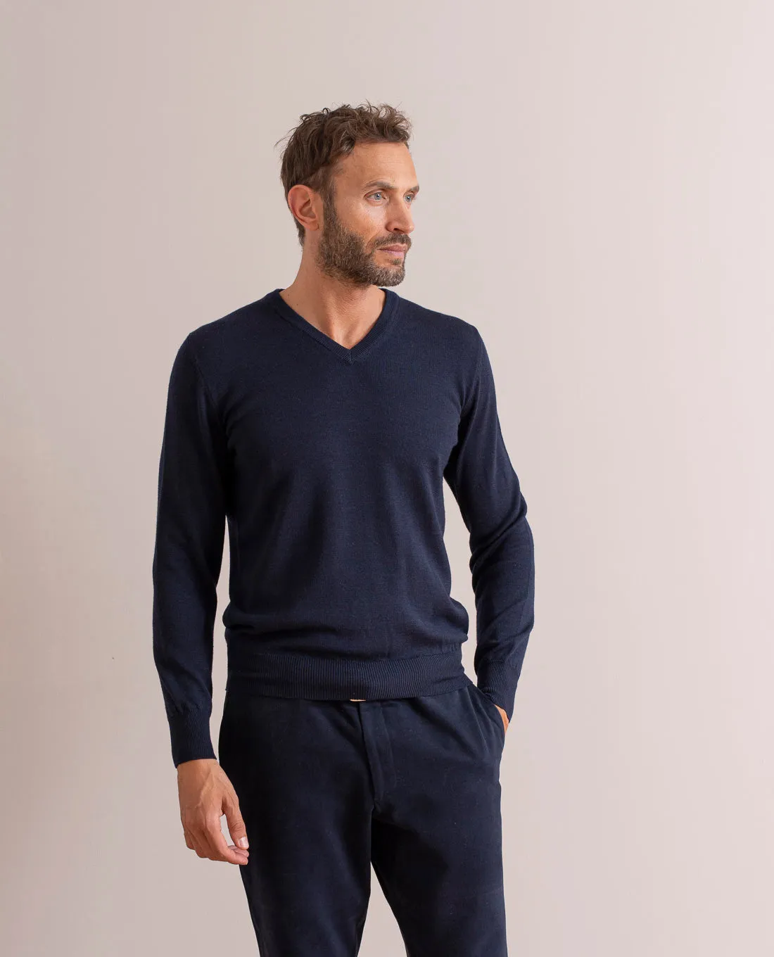 Merino Wool V-Neck Sweater - Navy Blue sold by Paolo Albizzati product image thumbnail 2