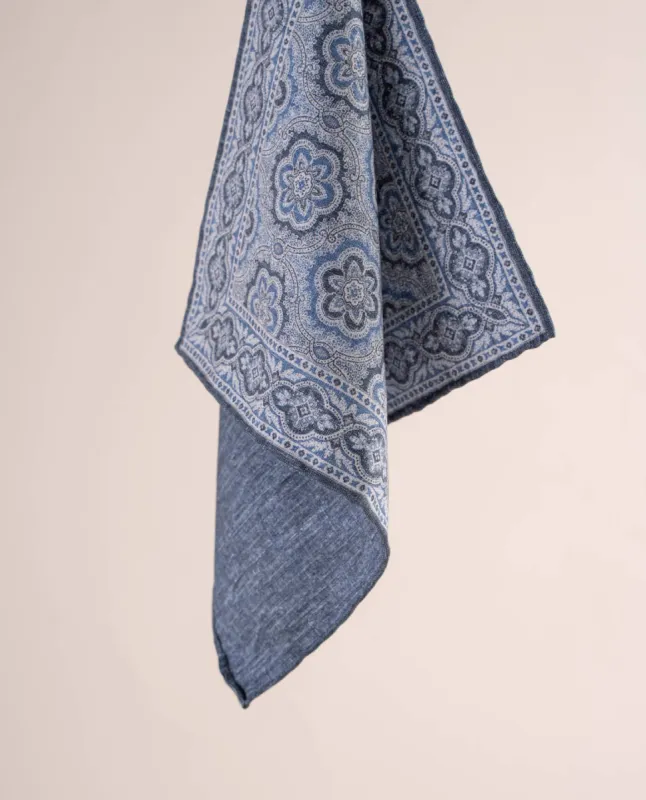 Double Printed Wool Cotton Pocket Square - Large Medallion Denim Blue sold by Paolo Albizzati