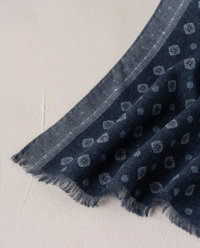 Wool Printed Scarf - Navy Blue Melange Medallion Motif sold by Paolo Albizzati