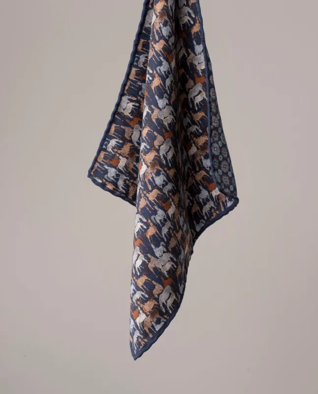 Reversible Silk Pocket Square - Navy Blue Horses Print sold by Paolo Albizzati