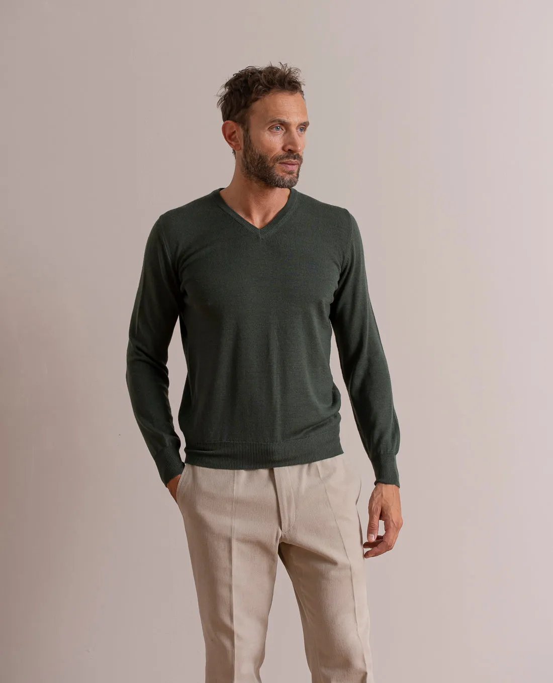 Merino Wool V-Neck Sweater - Green sold by Paolo Albizzati product image thumbnail 5