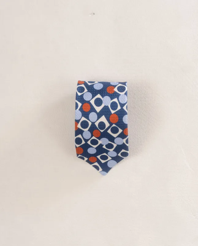 Printed Textured Jacquard Silk Tie - Navy Blue Squares and Circles Archives Print sold by Paolo Albizzati