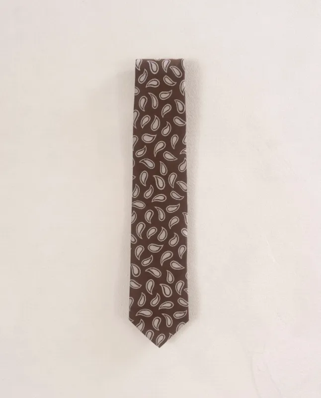 Jacquard Silk Tie - Brown and White Paisley Motif sold by Paolo Albizzati