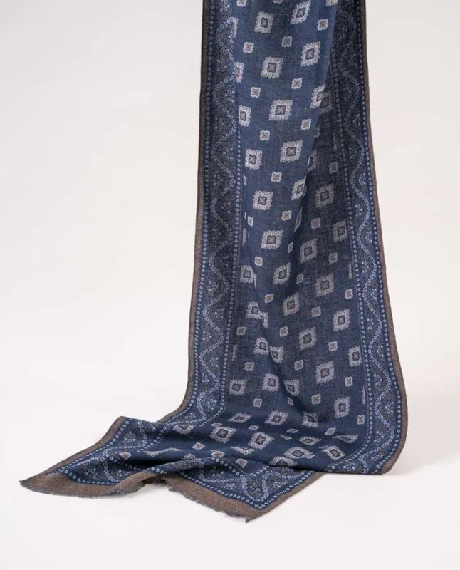Wool Printed Scarf - Navy Blue Medallion sold by Paolo Albizzati