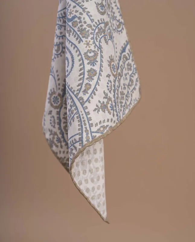 Reversible Silk Cotton Pocket Square - White and Beige Paisley Print sold by Paolo Albizzati