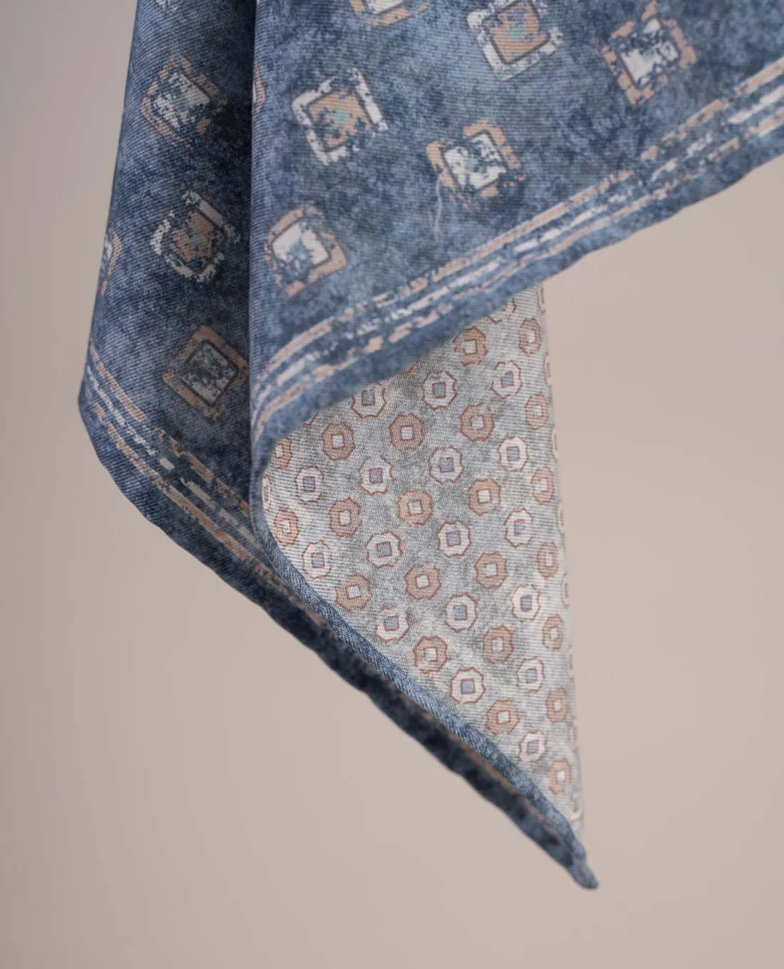 Reversible Silk Cotton Pocket Square - Blue Square Print sold by Paolo Albizzati product image thumbnail 2
