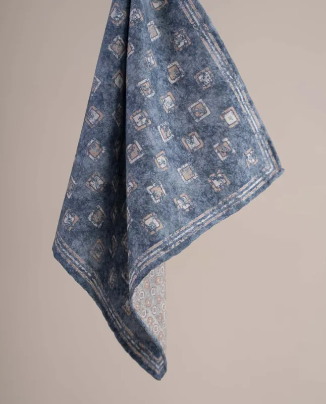 Reversible Silk Cotton Pocket Square - Blue Square Print sold by Paolo Albizzati