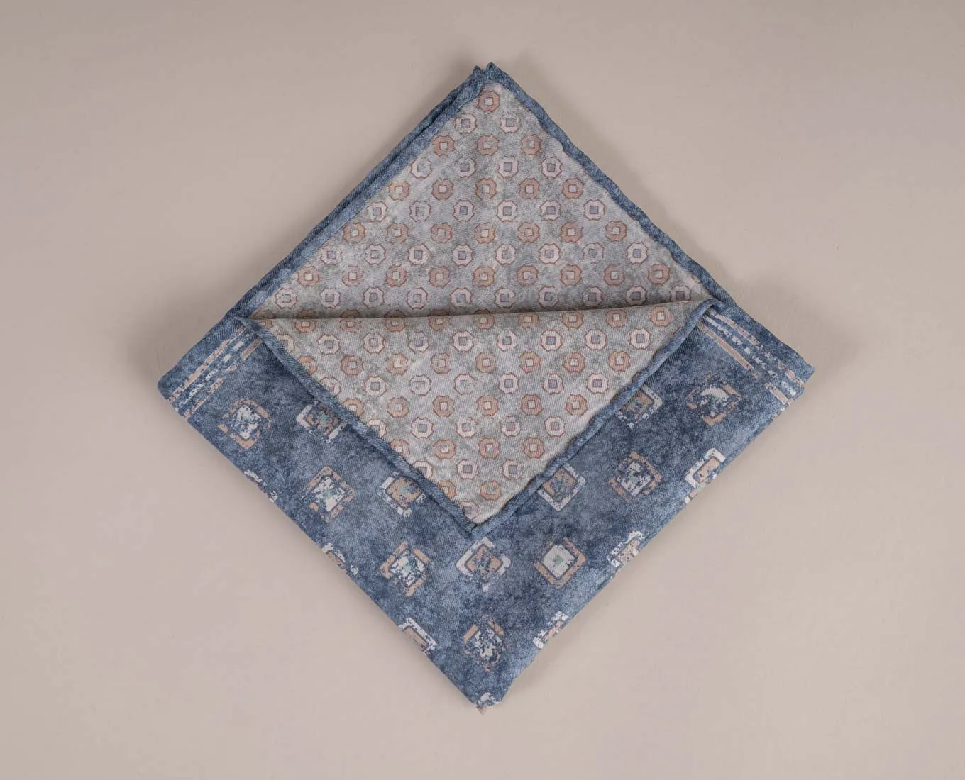 Reversible Silk Cotton Pocket Square - Blue Square Print sold by Paolo Albizzati product image thumbnail 5