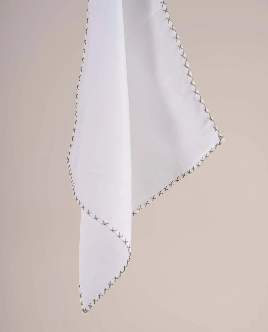 White Linen Pocket Square with Contrast Stitching - Khaki Green sold by Paolo Albizzati