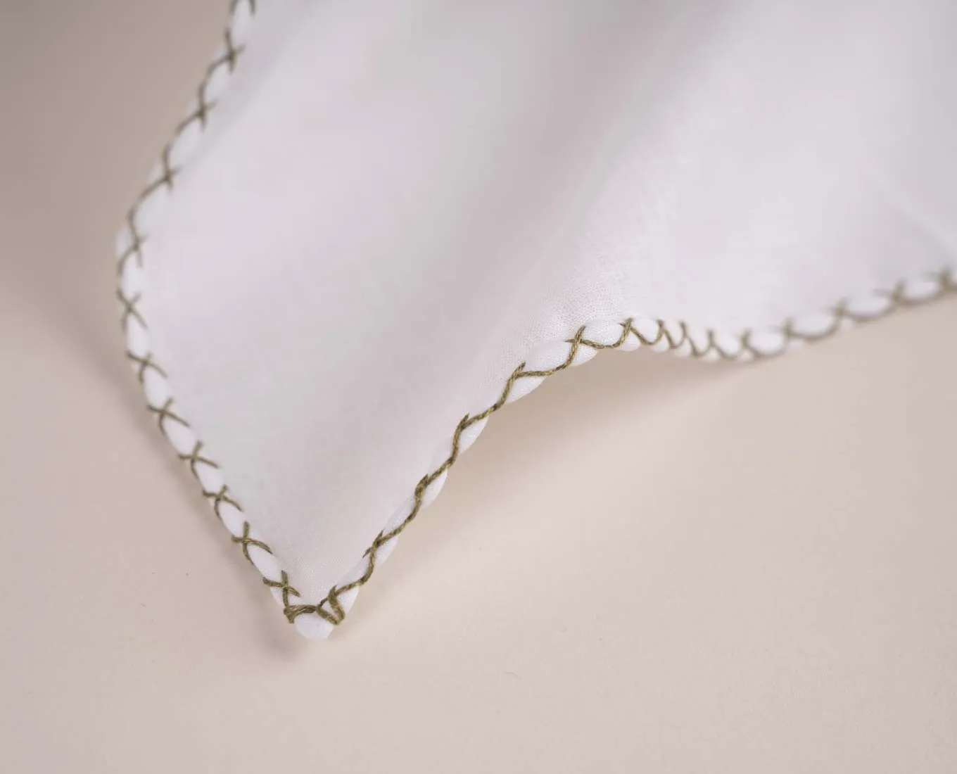White Linen Pocket Square with Contrast Stitching - Khaki Green sold by Paolo Albizzati product image thumbnail 2
