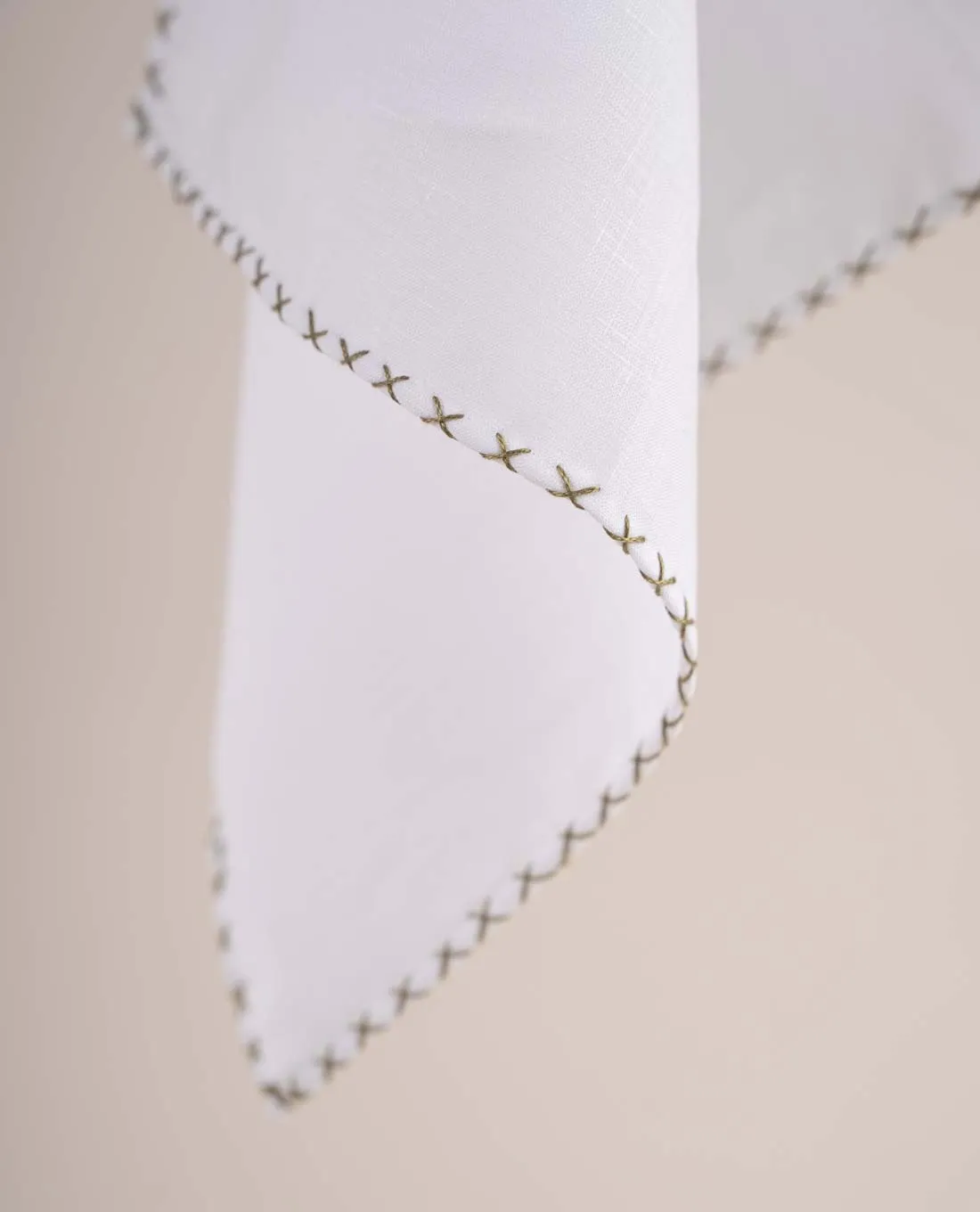 White Linen Pocket Square with Contrast Stitching - Khaki Green sold by Paolo Albizzati product image thumbnail 5