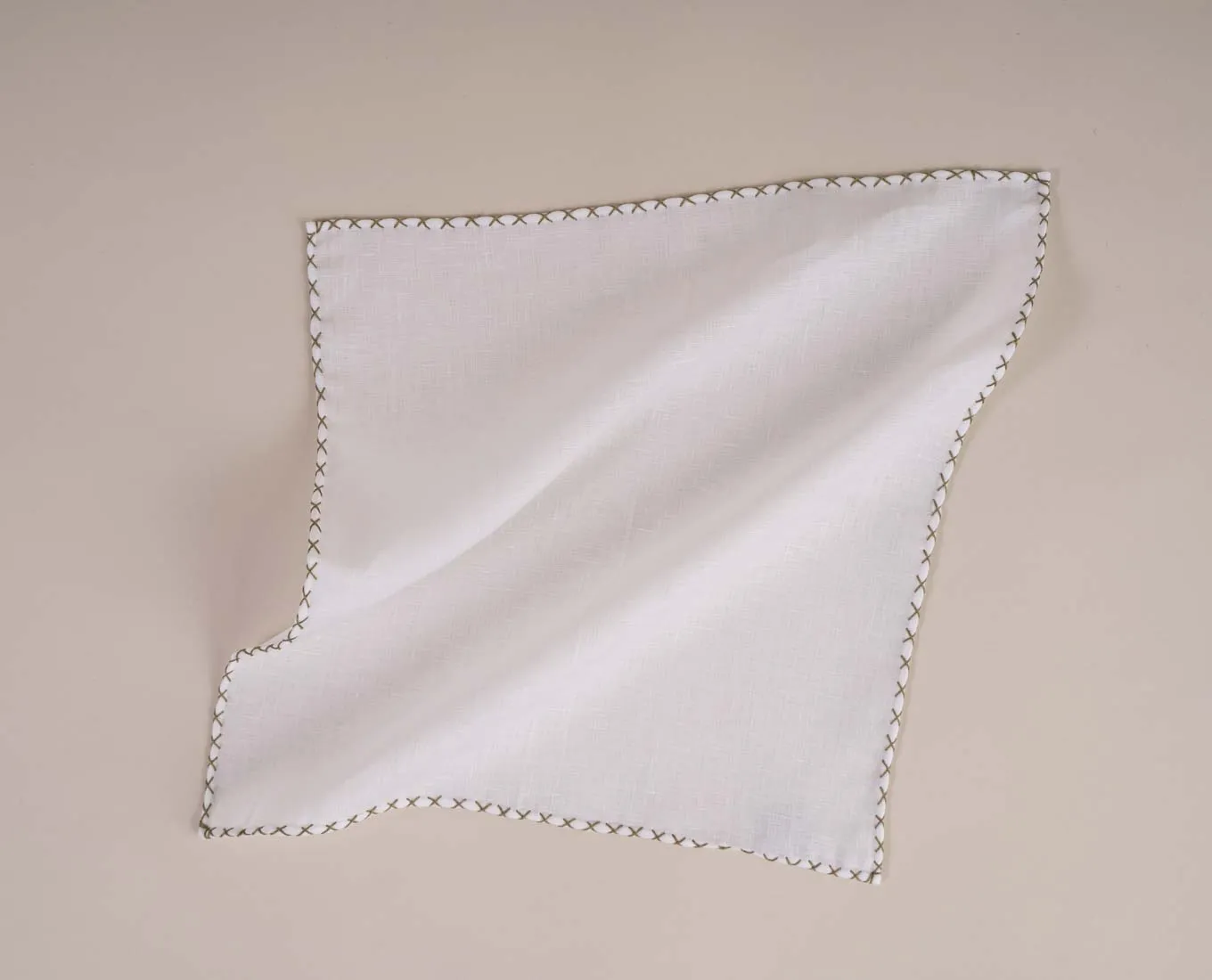 White Linen Pocket Square with Contrast Stitching - Khaki Green sold by Paolo Albizzati product image thumbnail 3