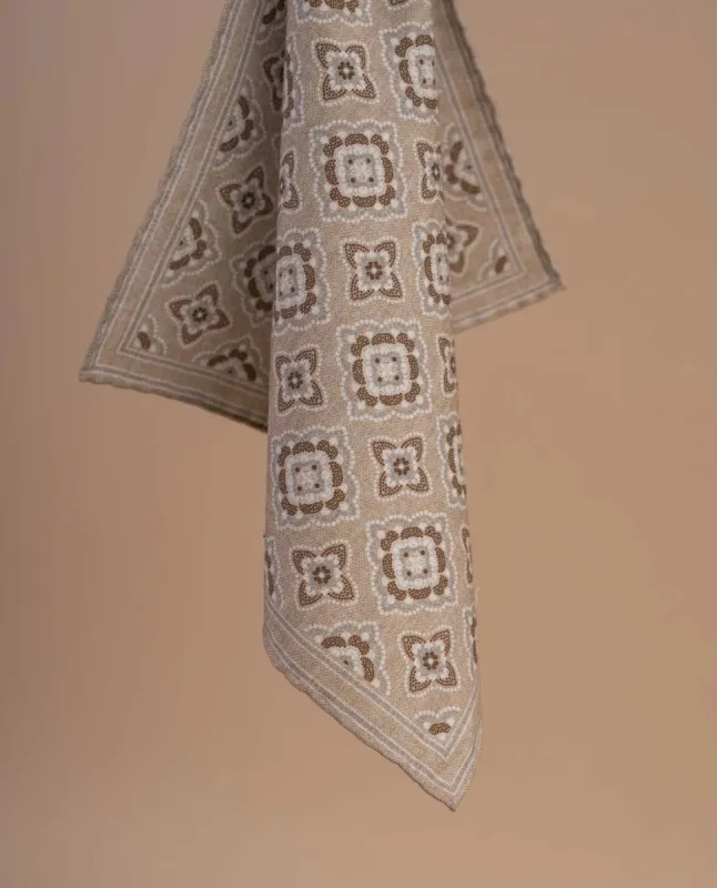 Double Printed Wool Cotton Pocket Square - Tile Print Beige and Brown sold by Paolo Albizzati