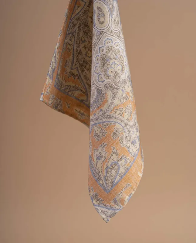 Reversible Silk Cotton Pocket Square - Orange Blue Paisley Print sold by Paolo Albizzati