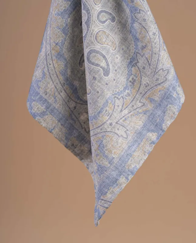 Reversible Silk Cotton Pocket Square - Light Blue Paisley Print sold by Paolo Albizzati