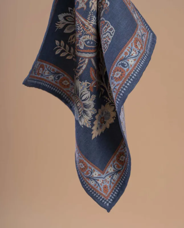 Reversible Silk Cotton Pocket Square - Navy Blue Foulard Print sold by Paolo Albizzati
