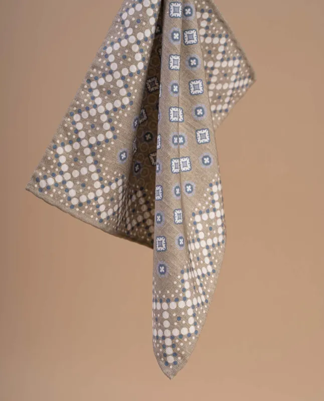 Reversible Silk Cotton Pocket Square - Beige Medallion Print sold by Paolo Albizzati