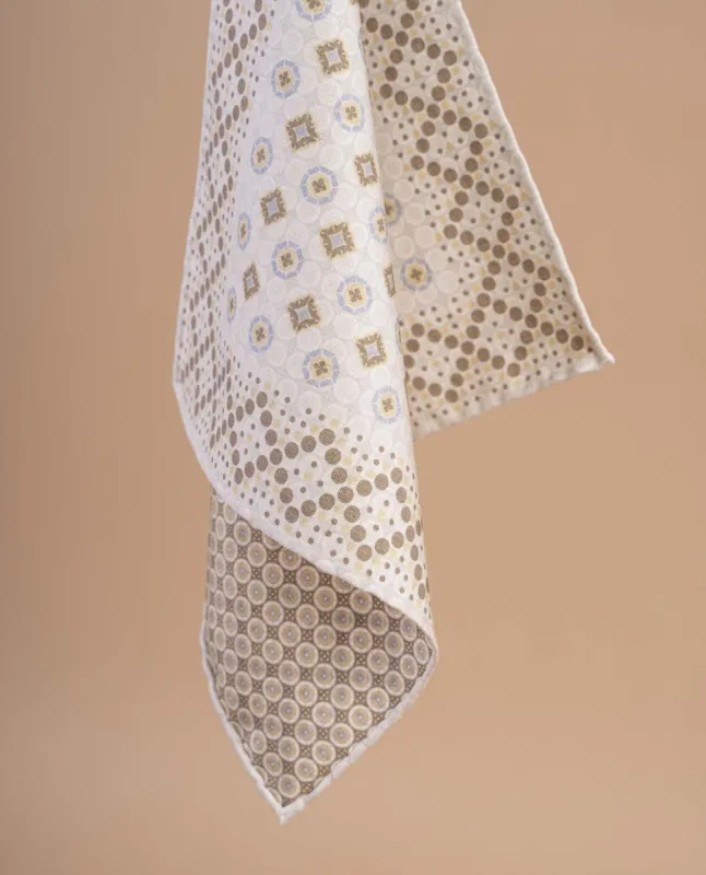 Reversible Silk Cotton Pocket Square - Natural White Medallion Print sold by Paolo Albizzati