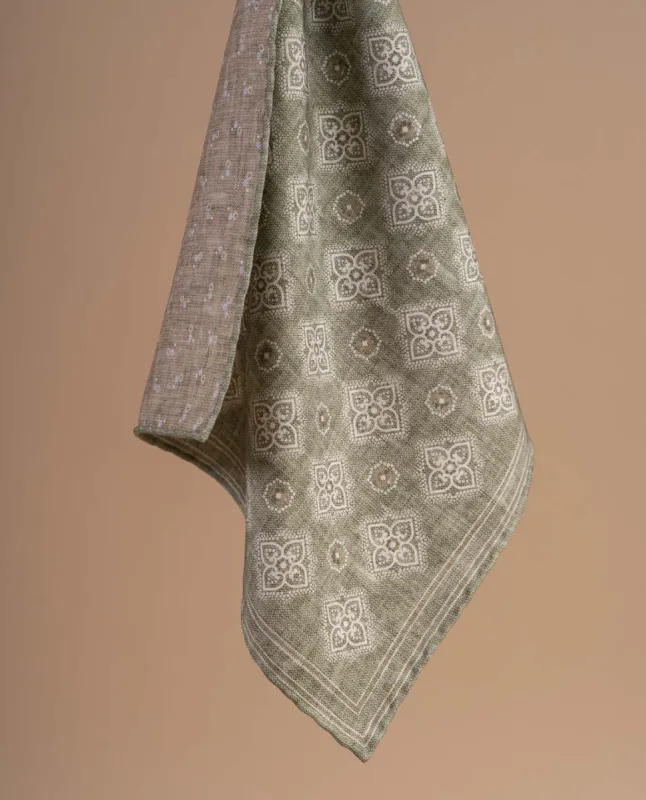 Reversible Silk Cotton Pocket Square - Green Large Medallion Print sold by Paolo Albizzati