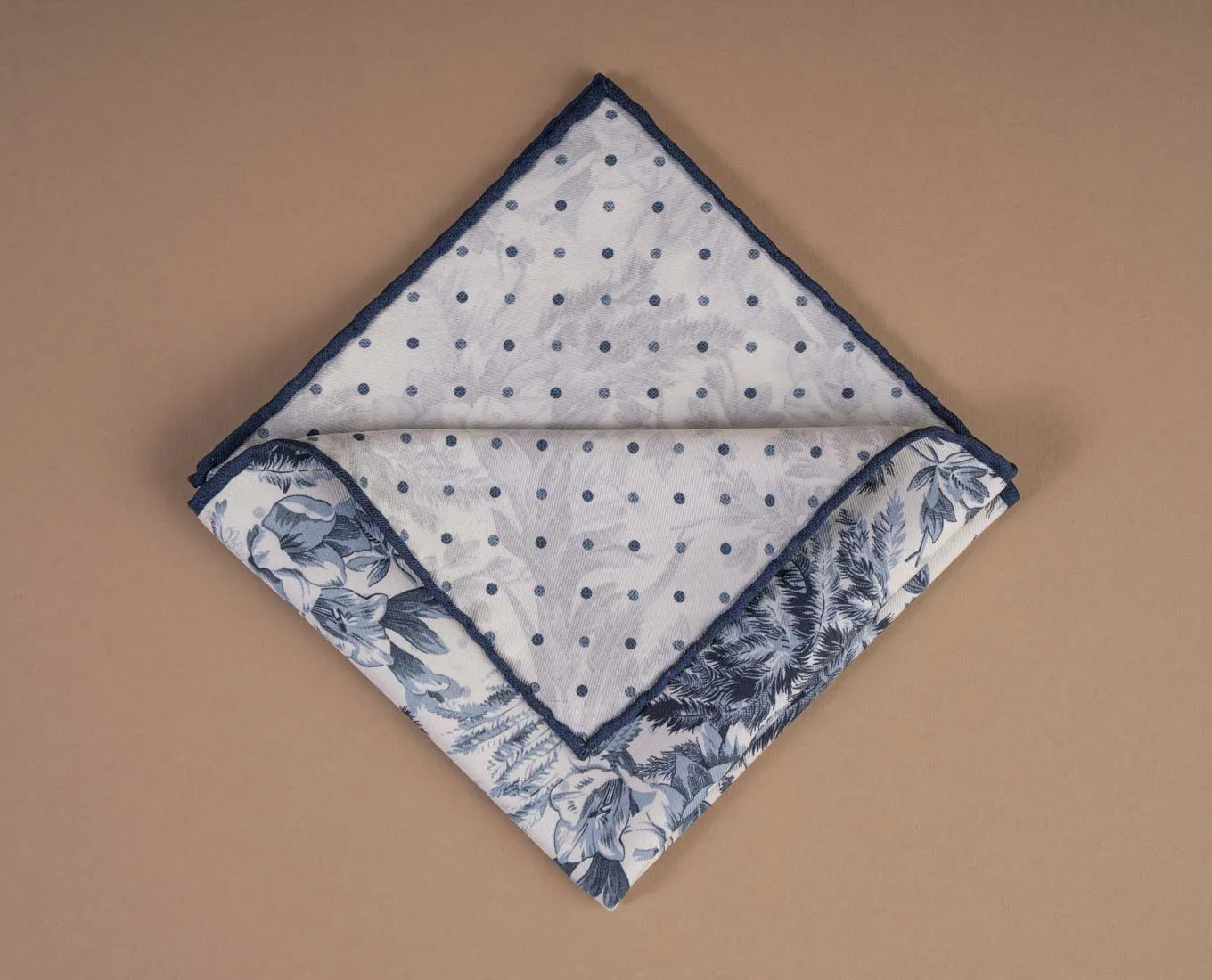 Reversible Silk Cotton Pocket Square - Navy Blue and White Floral Print sold by Paolo Albizzati product image thumbnail 5