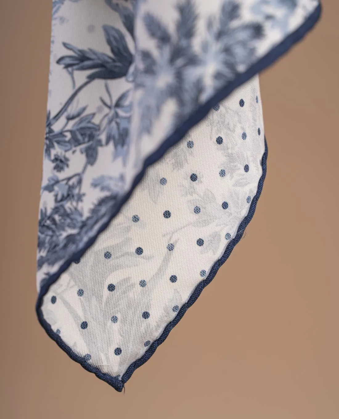 Reversible Silk Cotton Pocket Square - Navy Blue and White Floral Print sold by Paolo Albizzati product image thumbnail 2
