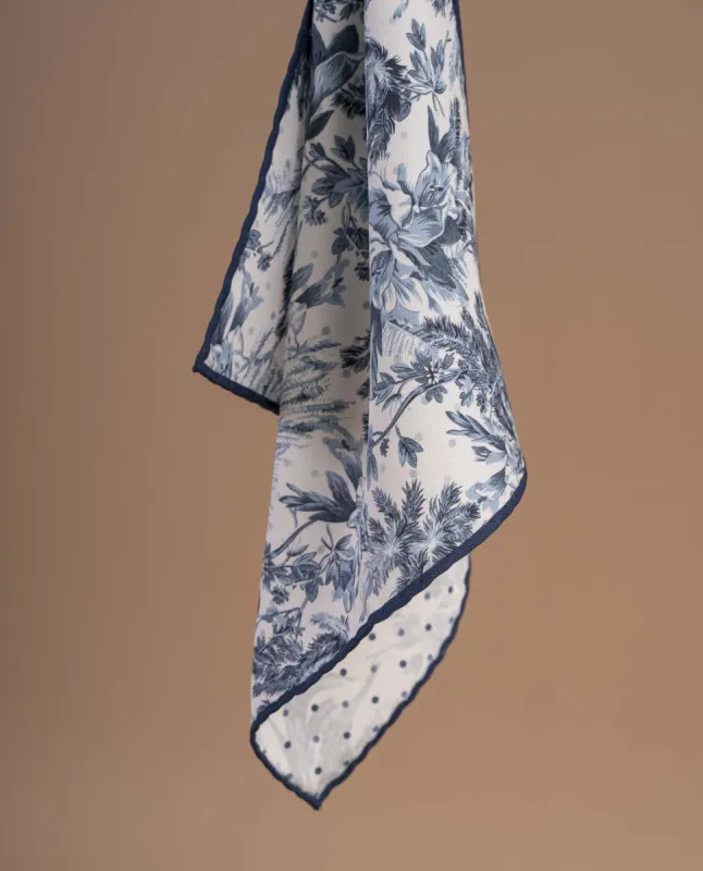 Reversible Silk Cotton Pocket Square - Navy Blue and White Floral Print sold by Paolo Albizzati
