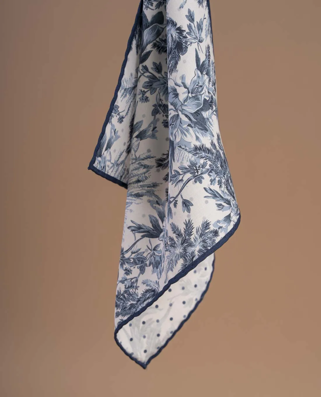 Reversible Silk Cotton Pocket Square - Navy Blue and White Floral Print sold by Paolo Albizzati