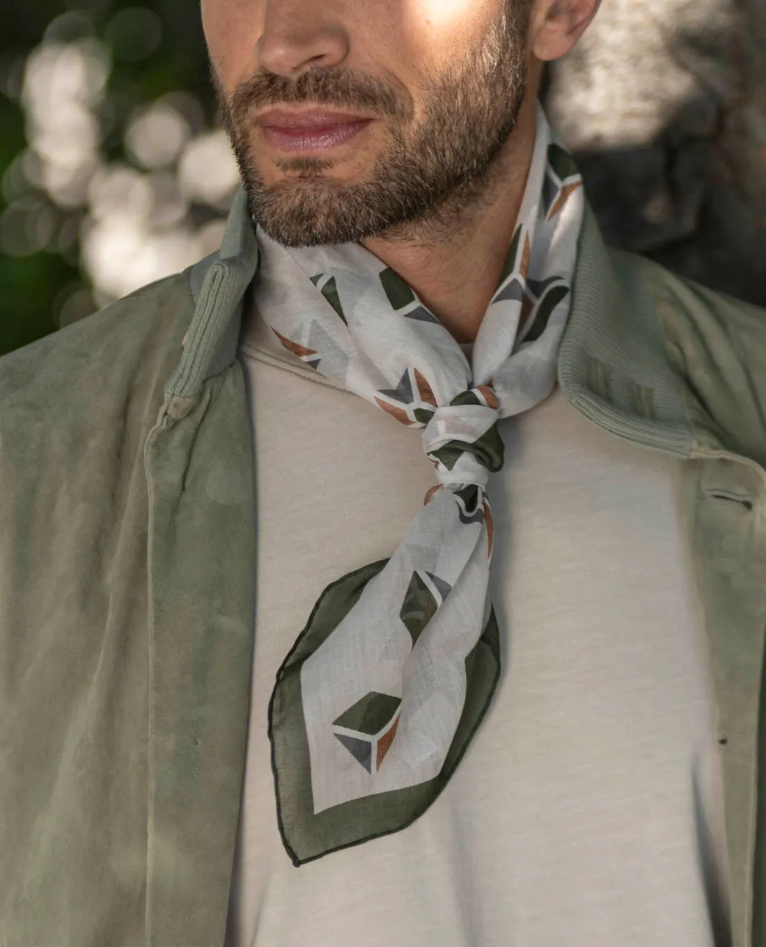 Bandana Scarf - White and Military Green Cotton Geometric Print sold by Paolo Albizzati product image thumbnail 2