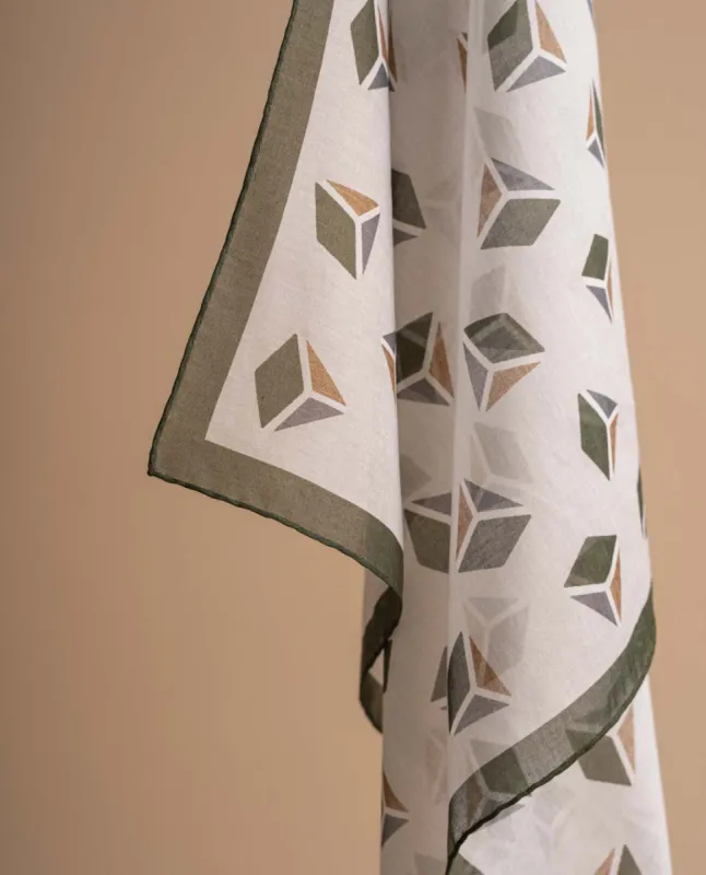 Bandana Scarf - White and Military Green Cotton Geometric Print sold by Paolo Albizzati