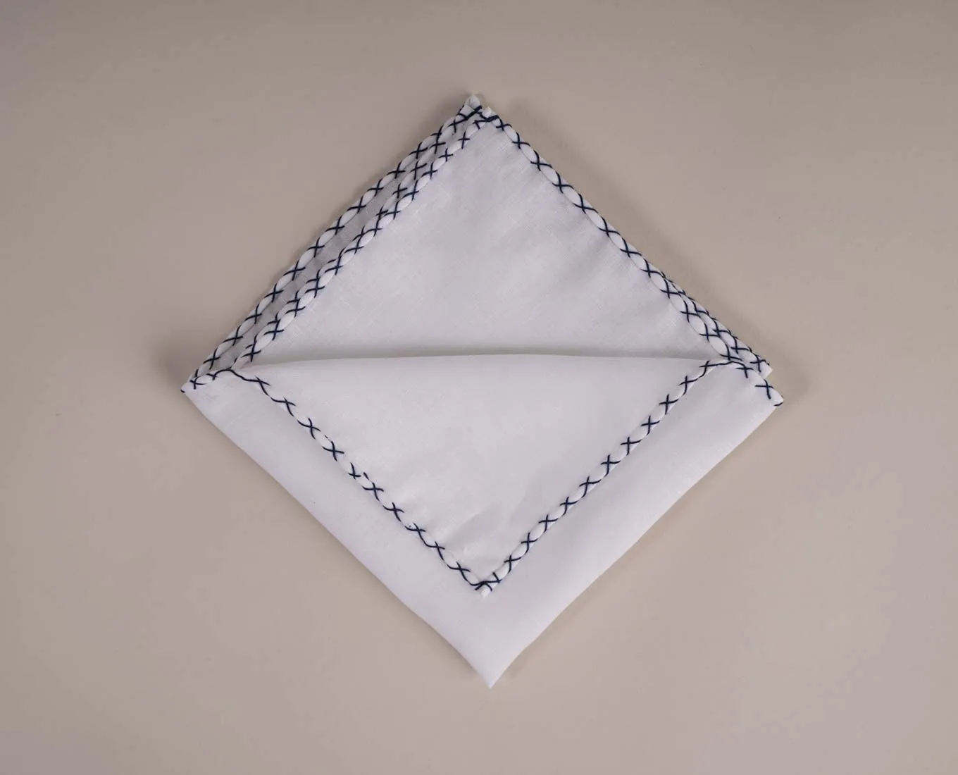 White Linen Pocket Square with Contrast Stitching - Navy Blue sold by Paolo Albizzati product image thumbnail 2