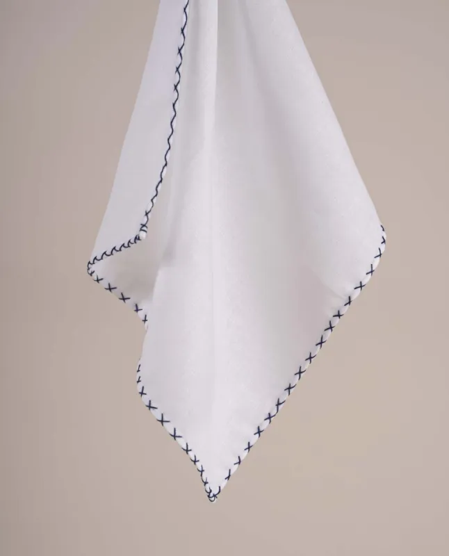 White Linen Pocket Square with Contrast Stitching - Navy Blue sold by Paolo Albizzati