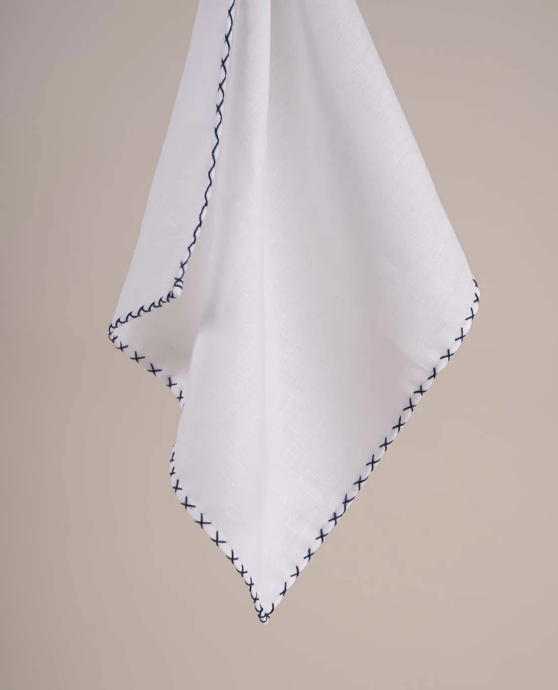 White Linen Pocket Square with Contrast Stitching - Navy Blue sold by Paolo Albizzati