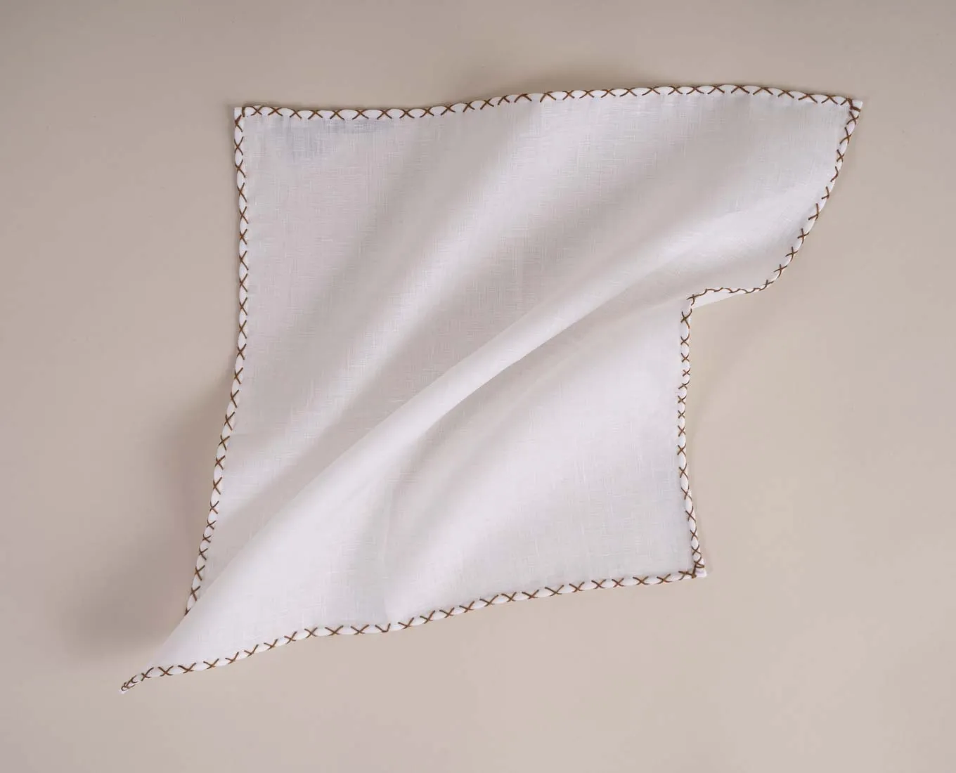 White Linen Pocket Square with Contrast Stitching - Brown sold by Paolo Albizzati product image thumbnail 3