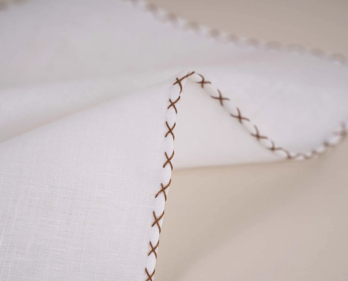 White Linen Pocket Square with Contrast Stitching - Brown sold by Paolo Albizzati product image thumbnail 2