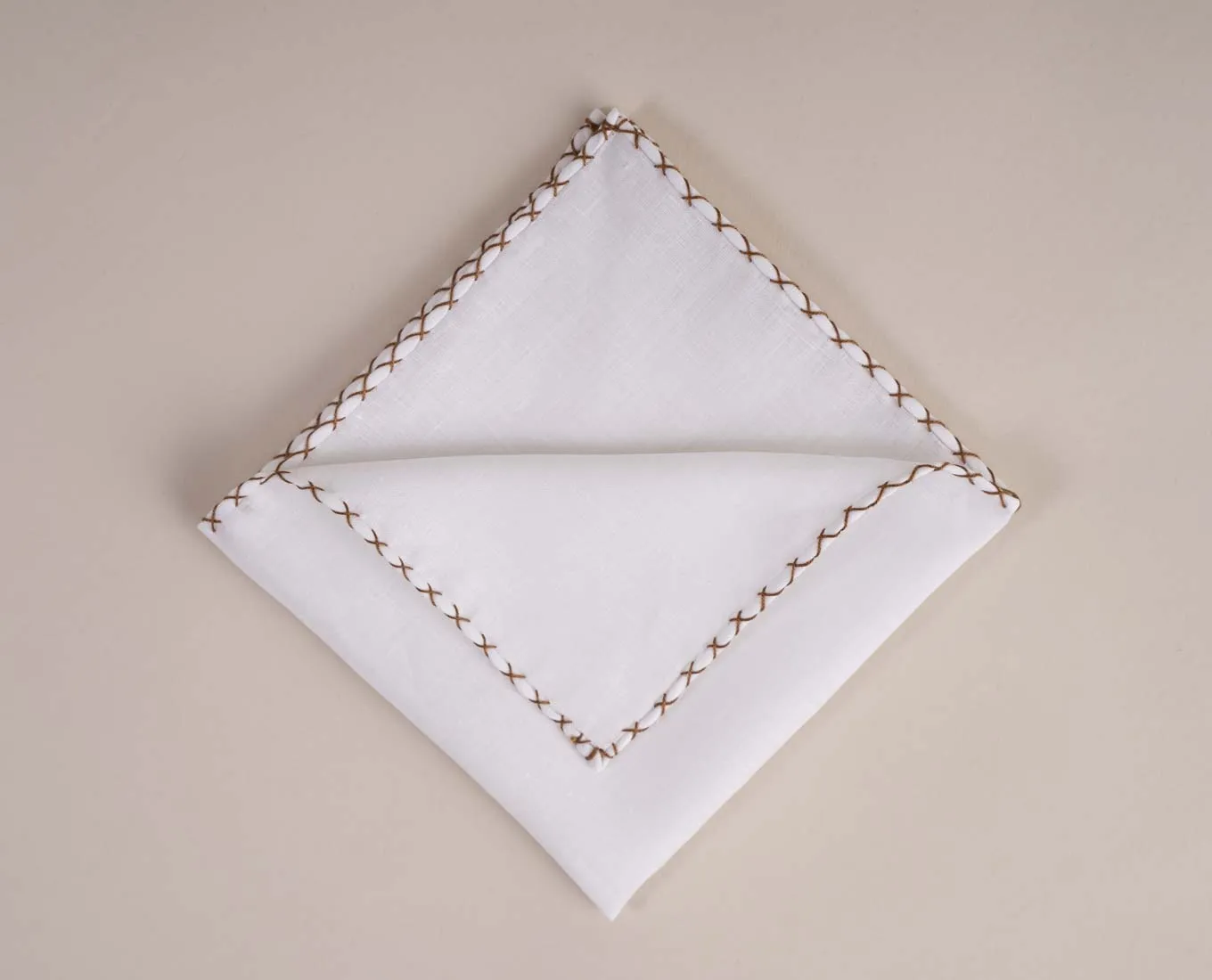 White Linen Pocket Square with Contrast Stitching - Brown sold by Paolo Albizzati product image thumbnail 4