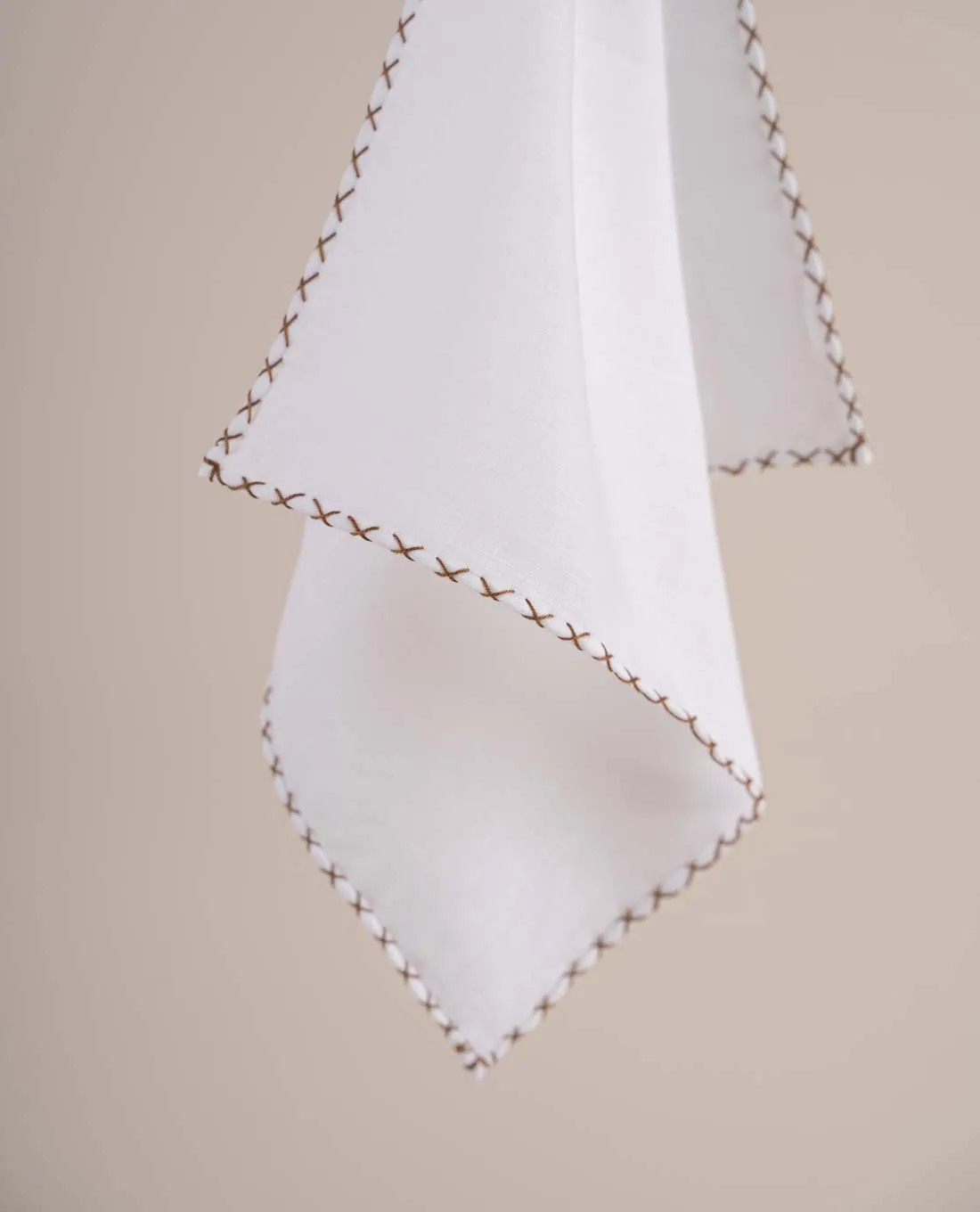 White Linen Pocket Square with Contrast Stitching - Brown sold by Paolo Albizzati