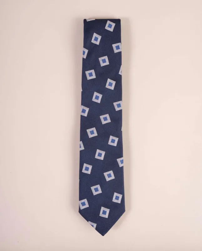 Jacquard Silk Tie - Navy Blue with Woven Squares sold by Paolo Albizzati