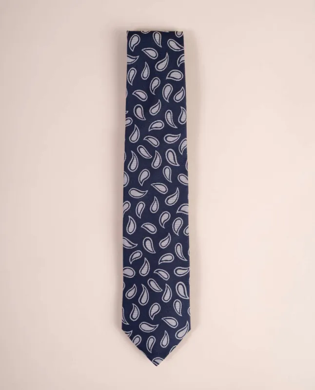 Jacquard Silk Tie - Navy and White Paisley Motif sold by Paolo Albizzati