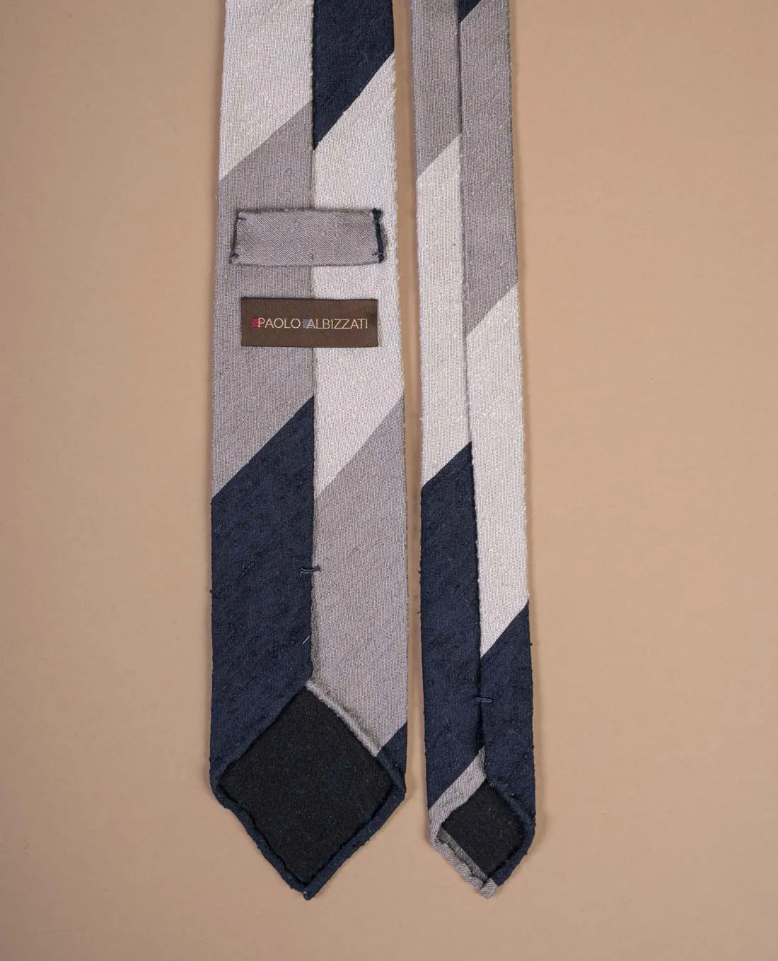 Shantung Silk Tie - Navy Blue Grey and White Stripes sold by Paolo Albizzati