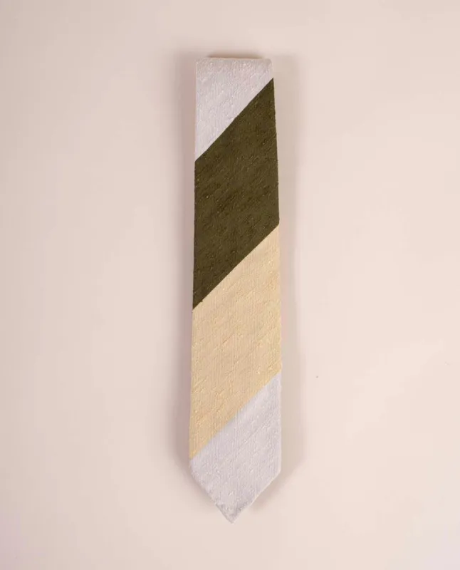Shantung Silk Tie - Green Yellow and White Stripes sold by Paolo Albizzati