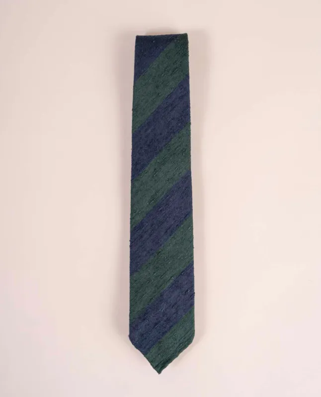 Shantung Silk Tie - Green and Navy Blue Stripes sold by Paolo Albizzati
