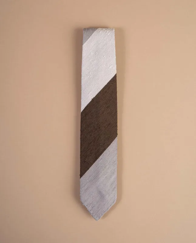 Shantung Silk Tie - Brown Grey and White Stripes sold by Paolo Albizzati