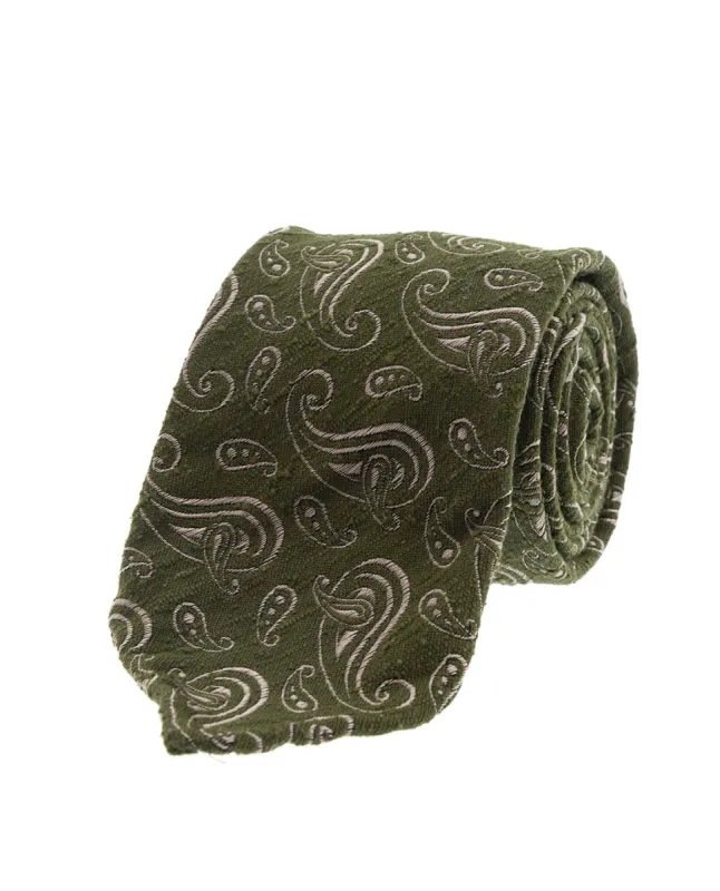 Shantung Silk Tie - Khaki Green Paisley sold by Paolo Albizzati