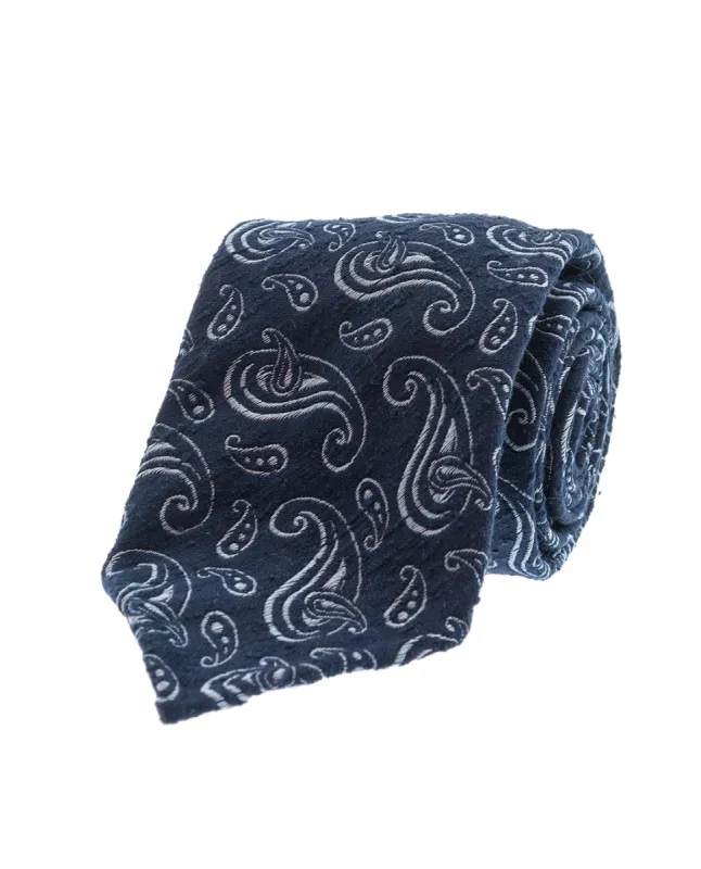 Shantung Silk Tie - Navy Blue Paisley sold by Paolo Albizzati