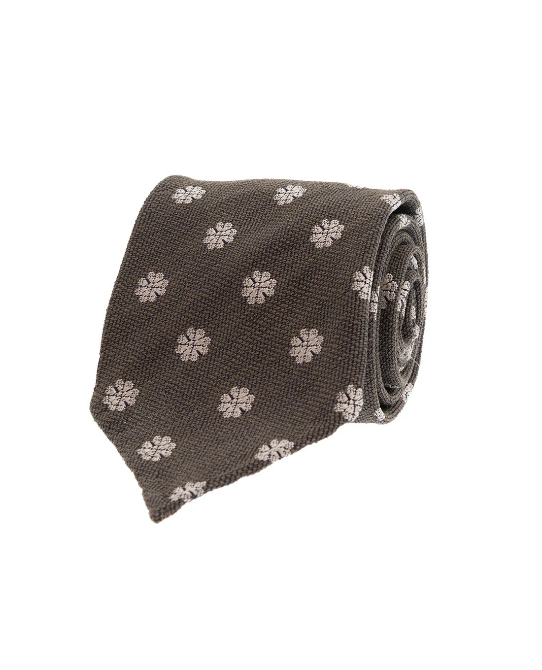 Bouclé Silk Tie - Khaki Green and White Micro Motif sold by Paolo Albizzati