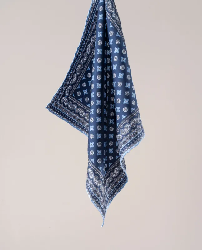 Pocket Square Silk Twill - Navy Blue Printed Medallion sold by Paolo Albizzati